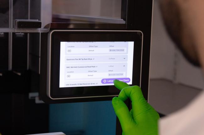 Close up of the OpenTrons Flex automated liquid handling robot
