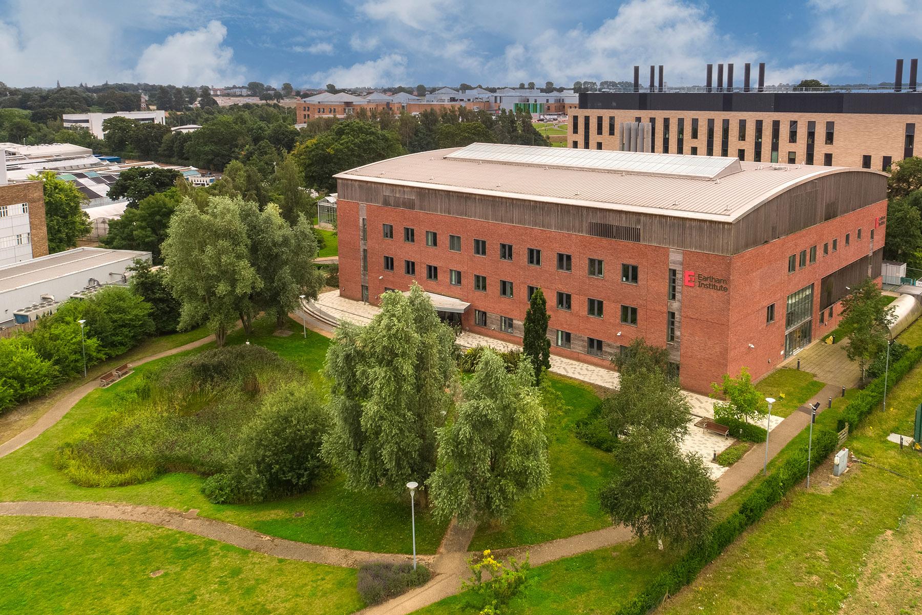 Aerial photo of the Earlham Institute on the Norwich Research Park