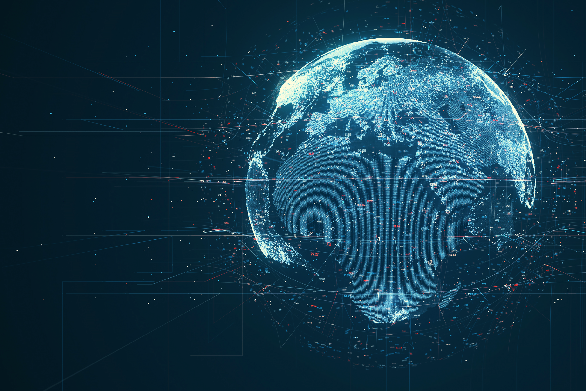 Digital graphic of the earth from space with lines and numbers wrapped around the earth representing data