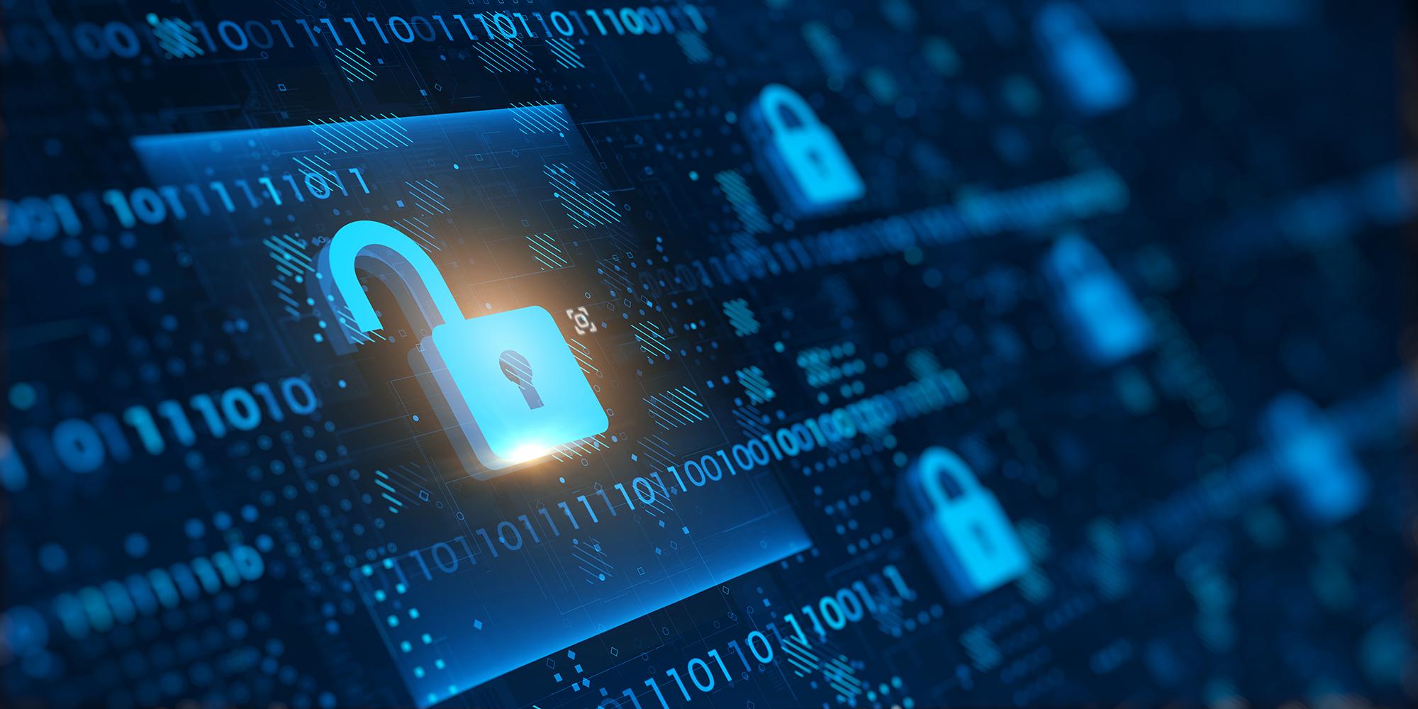 Open Data graphic showing lines of binary code and an open padlock