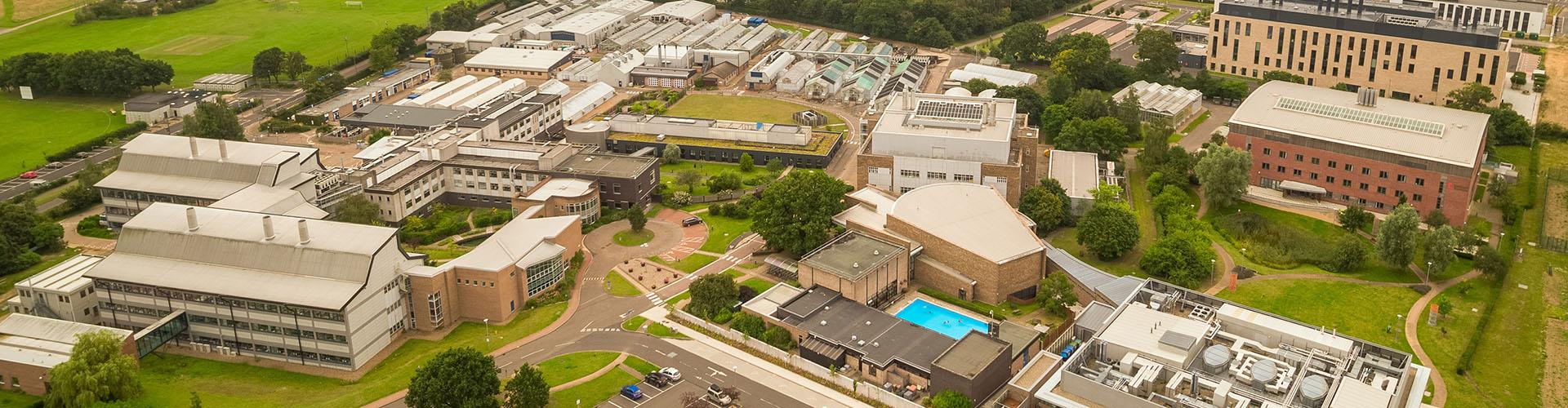 Aerial view of the Earlham Institute, John Innes Centre, and The Sainsbury Laboratory